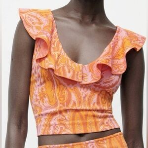 Jacquard Ruffled Paisley Print Top - Orange